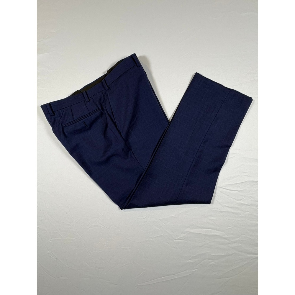 Indochino Mens Navy Blue Tonal Plaid Flat Front Dress Pants Trousers 36x29